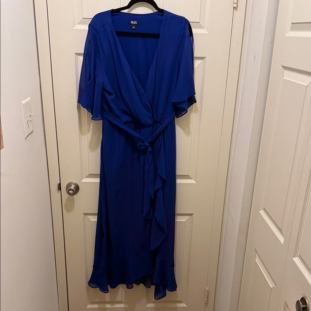 SLNY Cobalt Blue Midi Wrap Dress with Ruffle Trim